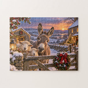 Puzzle Ferme d'hiver Coucher de soleil Âne Moutons Campag