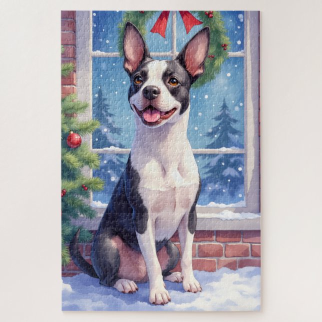 Puzzle Festive Boston Terrier Christmas Art (Vertical)