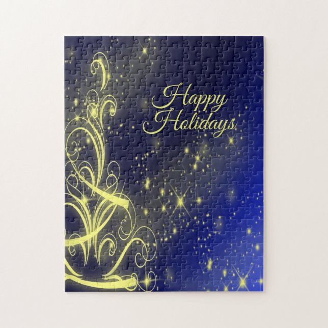 Puzzle Fête de Noël Arbre d'or Étoiles Marine Fêtes Bleue (Vertical)