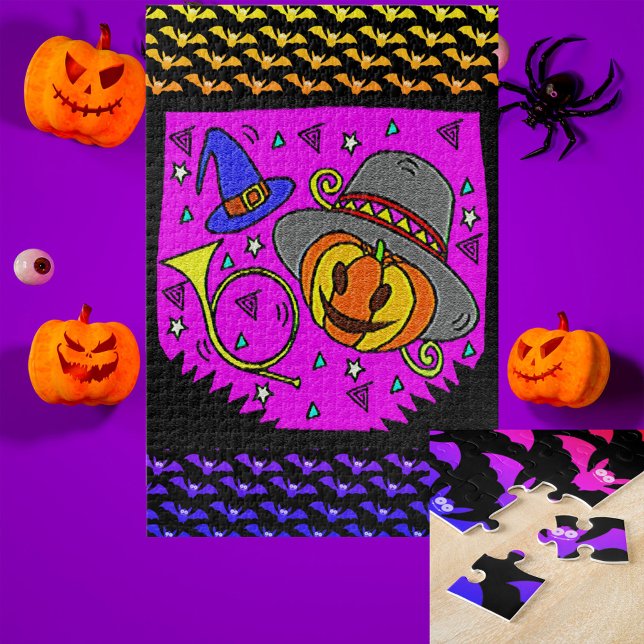Puzzle Fête d'Halloween Jack OLantern Bugle violet grand (Halloween Party Jack O'Lantern Bugle Purple Large Jigsaw Puzzle)