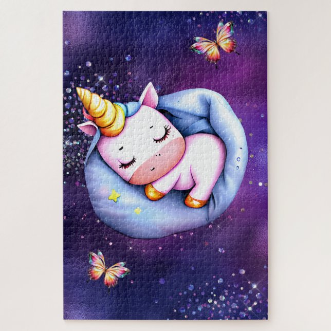 Puzzle Fête pyjama licorne rose paillettes étoiles violet (Vertical)