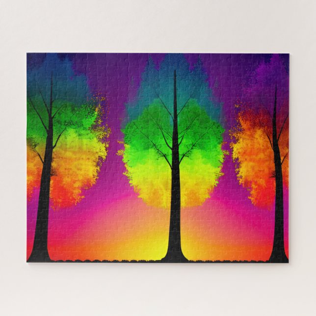 Puzzle Feuillage arc-en-ciel sur silhouettes d'arbre Ciel (Horizontal)