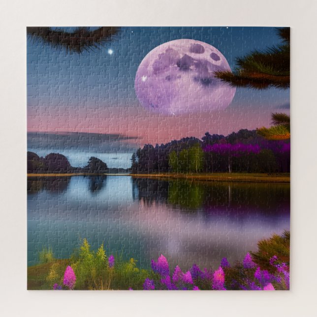 Puzzle Feuillage pourpre Lune et lac paisible (Vertical)