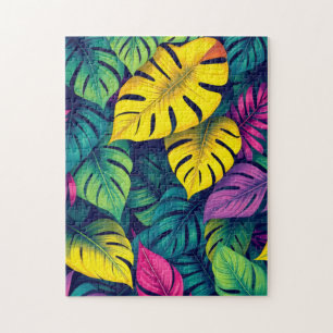 Puzzle feuilles tropicales dans des verts, jaunes et rose