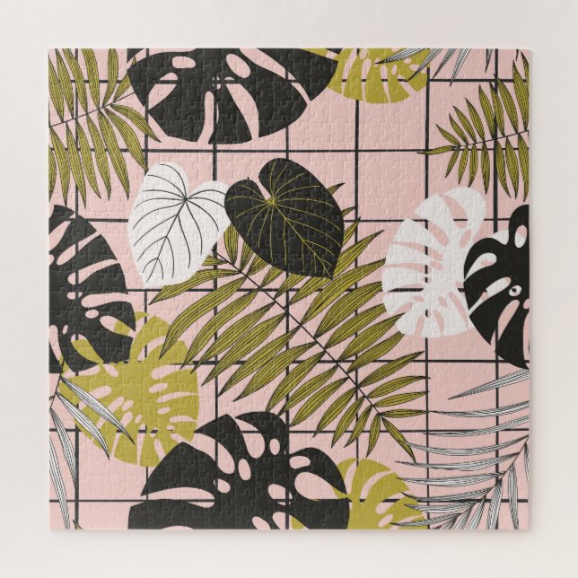 Puzzle Feuilles tropicaux, fleurs, motif peint à la main. (Vertical)