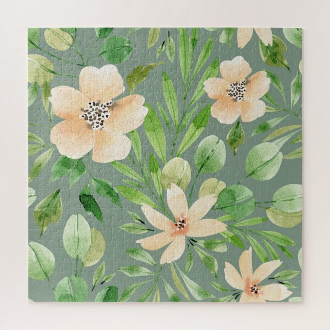Puzzle Feuilles verts, Fleurs roses : Aquarelle. (Vertical)