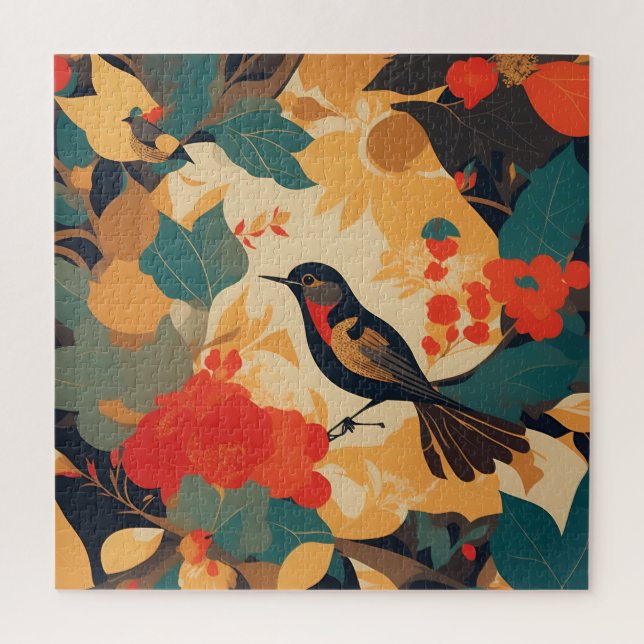 Puzzle feuilles vintages de fleurs d'oiseaux (Vertical)