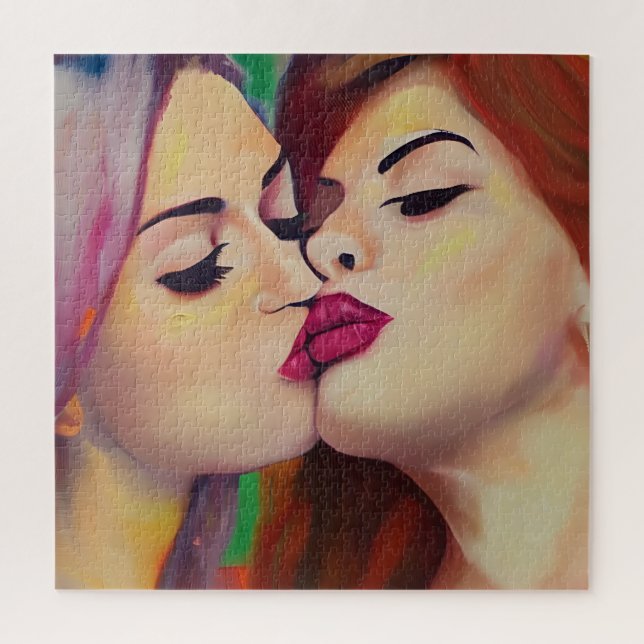 Puzzle Fierté aquarelle Deux femmes partagent un baiser (Vertical)