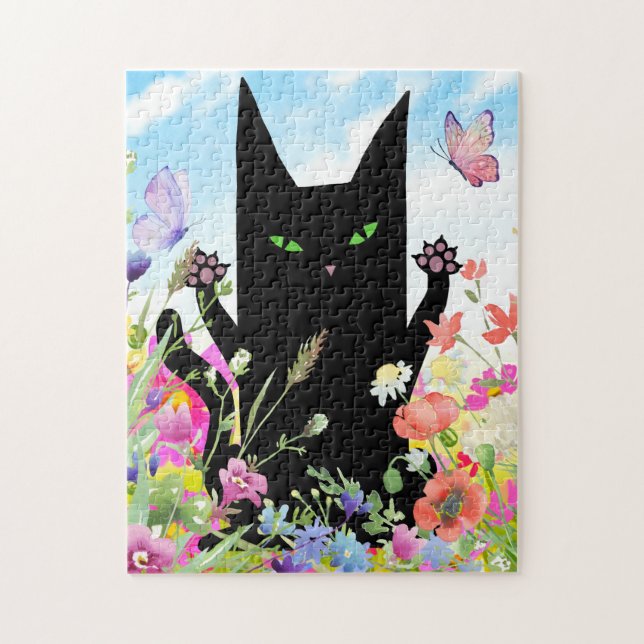 Puzzle Fièvre du printemps du chat noir : chaton et fleur (Vertical)