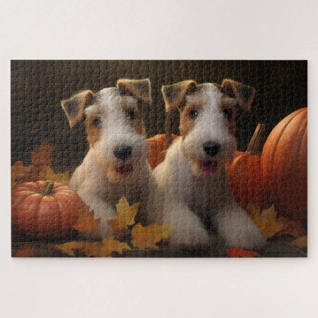 Puzzle Fil Fox Terrier Puppy Automne Citrouille de plaisi (Horizontal)