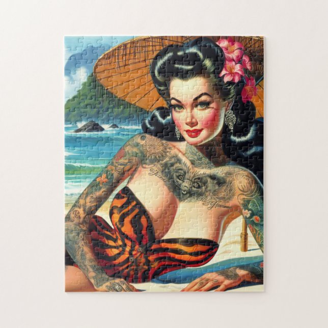 Puzzle Fille à tatouage rétro de plage (Vertical)