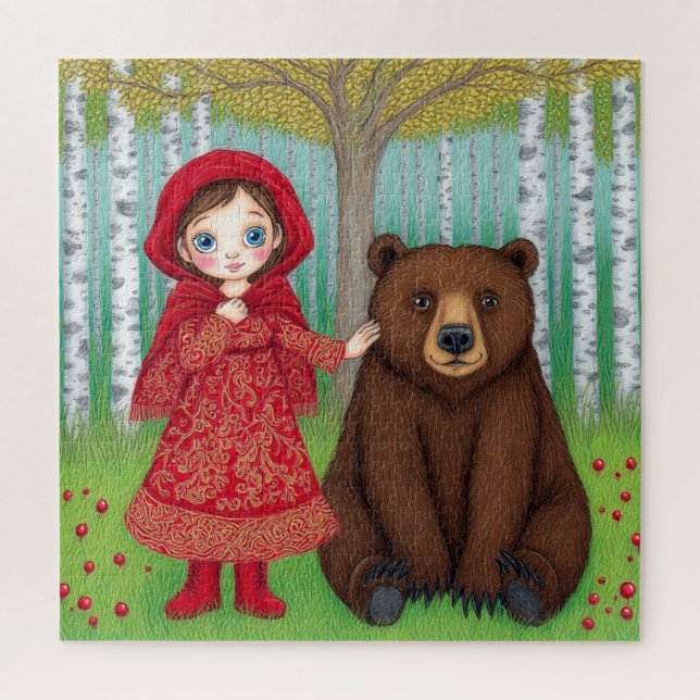 Puzzle Fille adorable et ours dans une forêt fantaisiste (Vertical)
