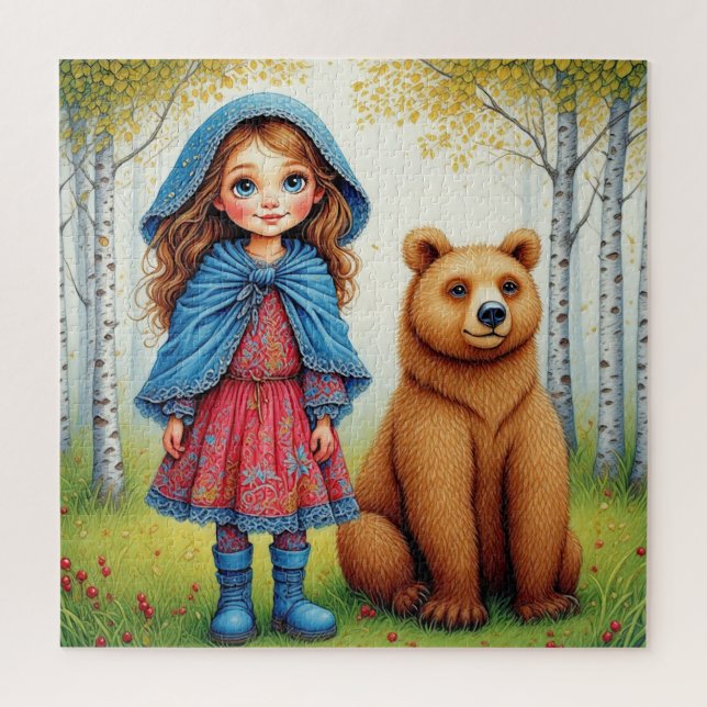 Puzzle Fille adorable et ours dans une forêt fantaisiste (Vertical)