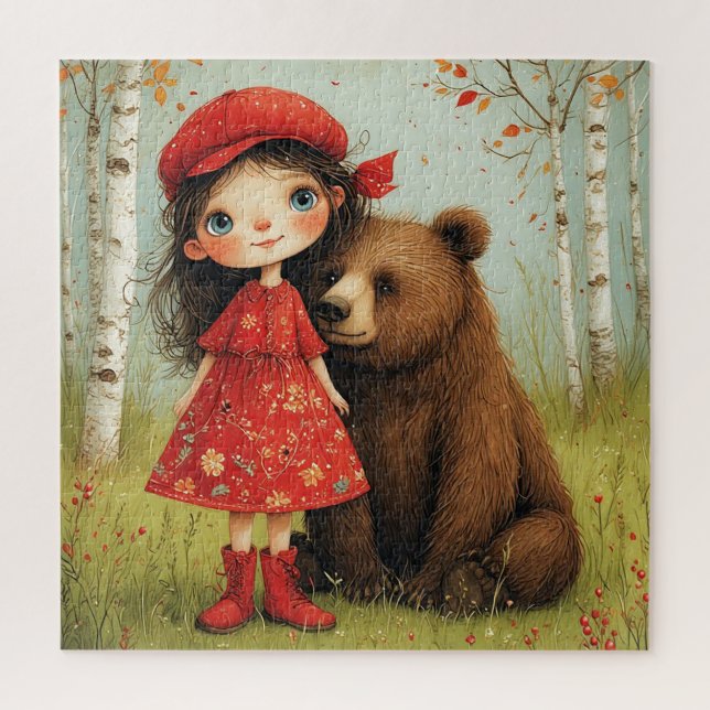 Puzzle Fille adorable et ours dans une forêt fantaisiste (Vertical)