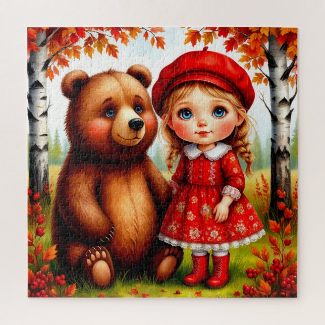 Puzzle Fille adorable et ours dans une forêt fantaisiste (Vertical)