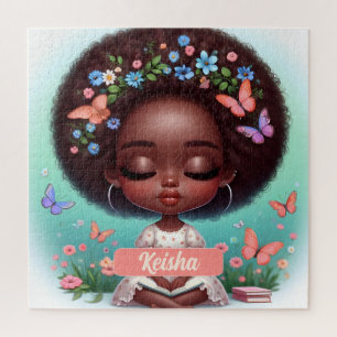 Puzzle Fille afro-américaine personnalisée avec fleurs
