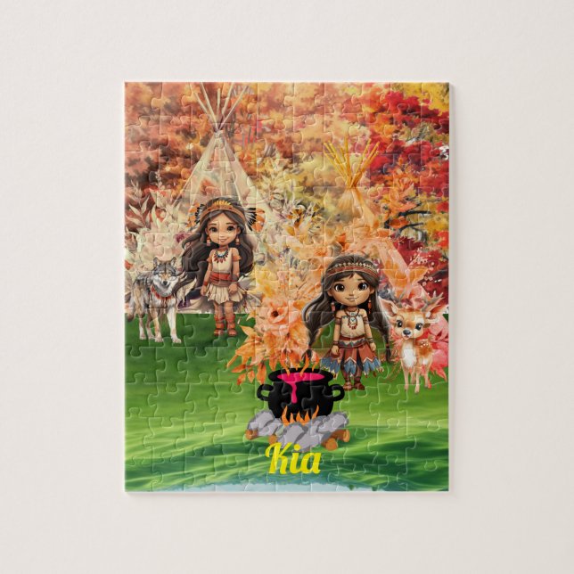 Puzzle Fille amérindienne avec des animaux des bois (Vertical)