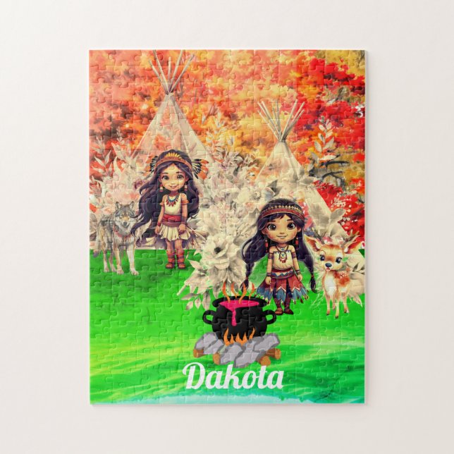 Puzzle Fille amérindienne avec des animaux des bois (Vertical)