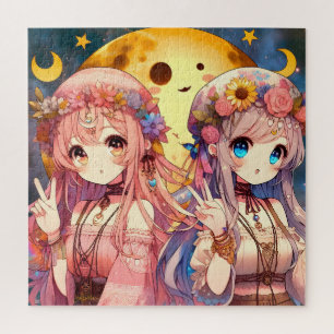 Puzzle Fille Anime Hippie Lune Filles Faisant Signe de Pa