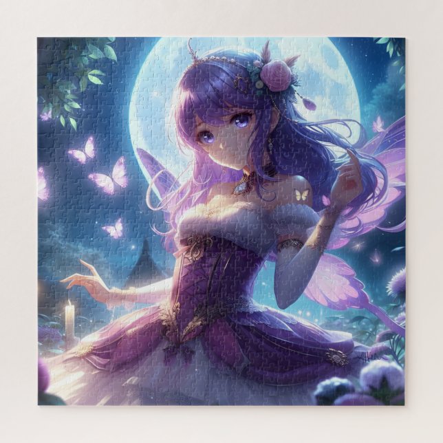 Puzzle Fille Anime Papillon Violet Aile Lune Fée  (Vertical)