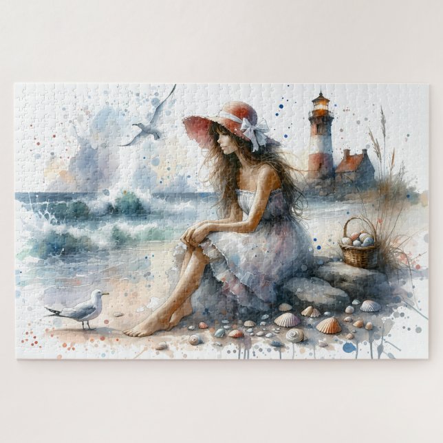 Puzzle Fille aquarelle romantique au phare (Horizontal)