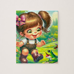Puzzle Fille aux grands yeux et grenouille verte