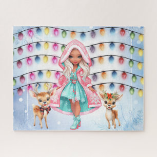 Puzzle fille avec 2 petits cerfs et lumières de Noël