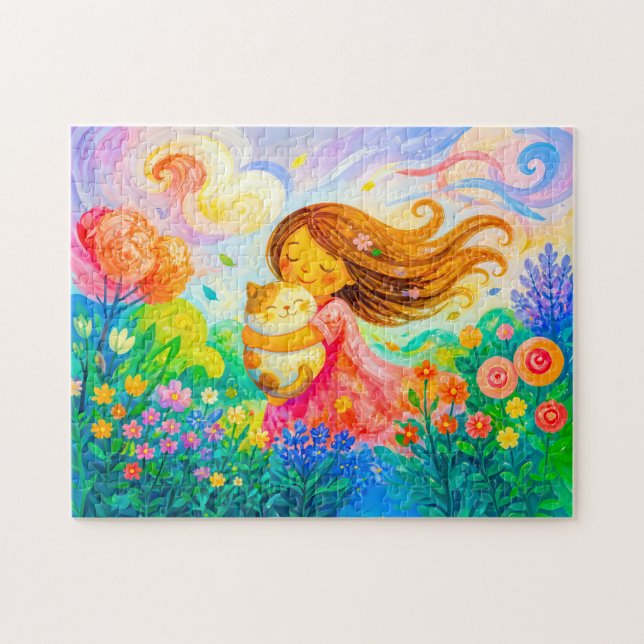 Puzzle Fille avec chat dans un jardin d'été venteux (Horizontal)