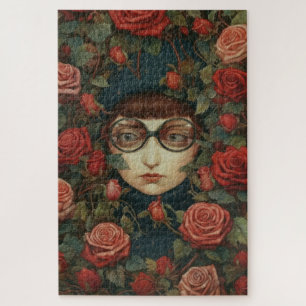 Puzzle Fille avec des lunettes entourée de roses  