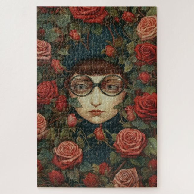 Puzzle Fille avec des lunettes entourée de roses   (Vertical)