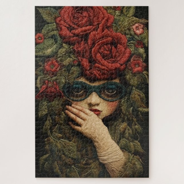 Puzzle Fille avec des lunettes et des roses brodées   (Vertical)