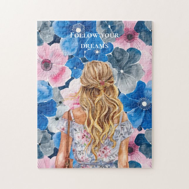 Puzzle Fille Blonde Florale Été Rose Bleu Chic (Vertical)