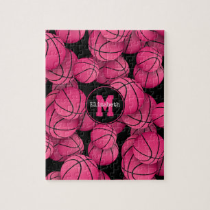 Puzzle Fille boules de basket rose chaud motif monogramme