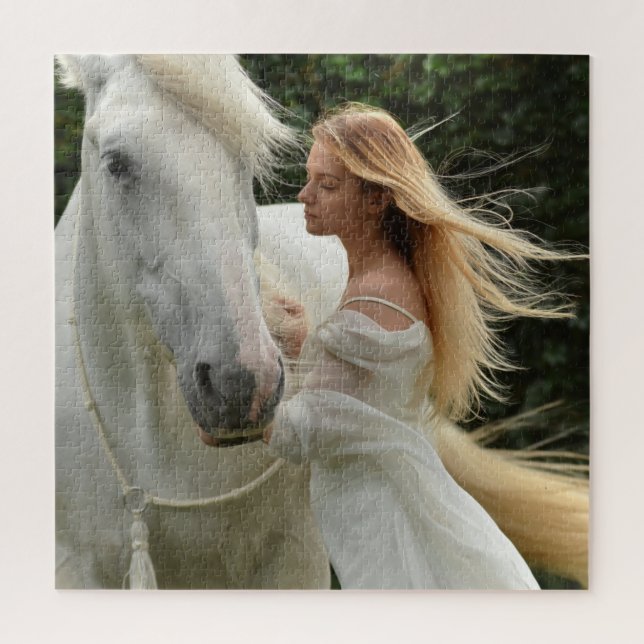 Puzzle Fille Cheval Blanc Vent Dans Votre Cheveux Blond D (Vertical)