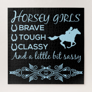 Puzzle Fille courageuse et élégante à cheval en bleu clai