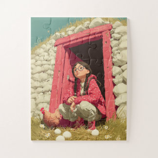 Puzzle Fille curieuse avec des lunettes près de la porte