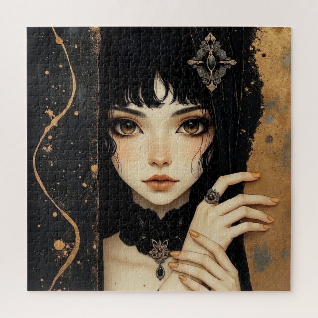 Puzzle Fille d'anime gothique noir et or (Vertical)