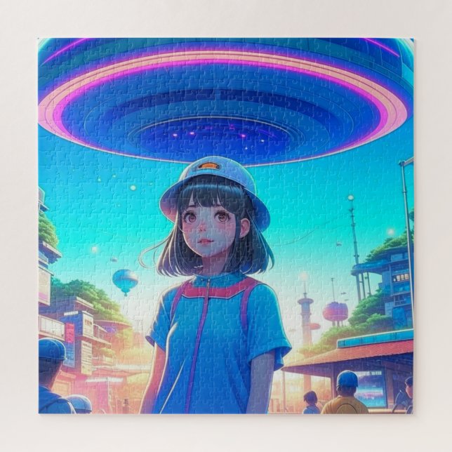 Puzzle Fille d'anime sous un OVNI dans la ville (Vertical)