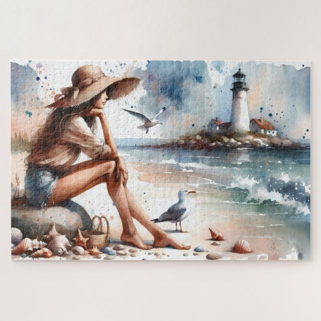 Puzzle Fille de la plage côtière & phare  (Horizontal)