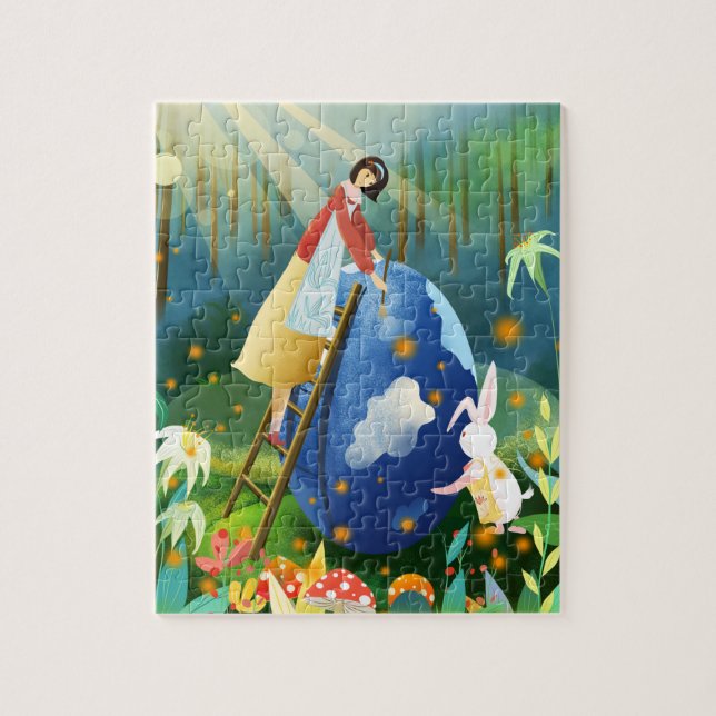 Puzzle Fille de Pâques et Lapin Peignant un Œuf Bleu Géan (Vertical)