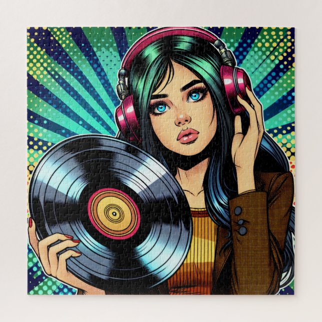 Puzzle Fille de style pop art comic avec album vinyle (Vertical)