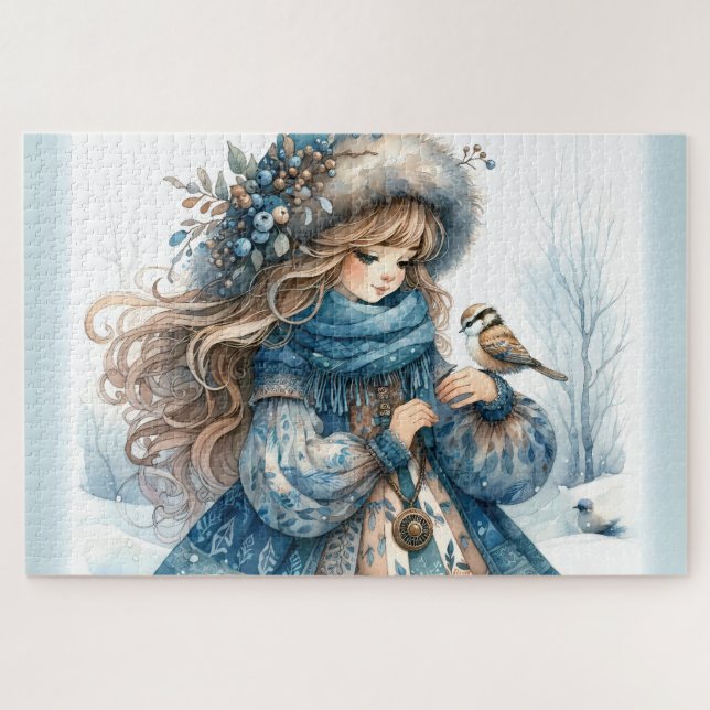 Puzzle Fille d'hiver avec oiseau en manteau floral bleu (Horizontal)