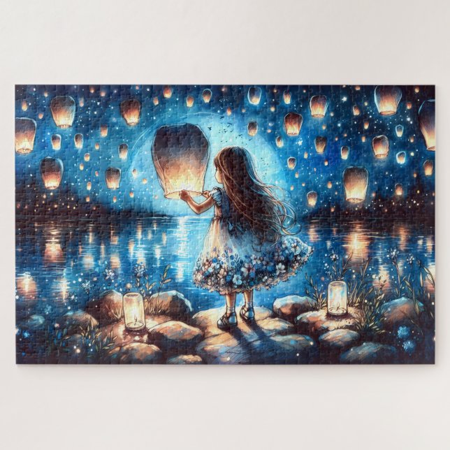 Puzzle Fille du lac à la lanterne éclairée par la lune (Horizontal)