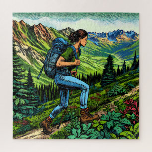 Puzzle Fille en randonnée avec sac à dos sur le sentier