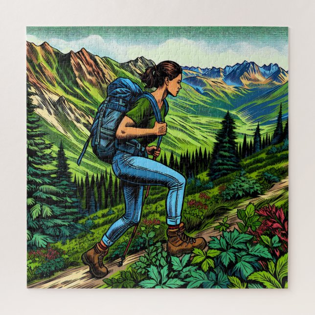 Puzzle Fille en randonnée avec sac à dos sur le sentier (Vertical)