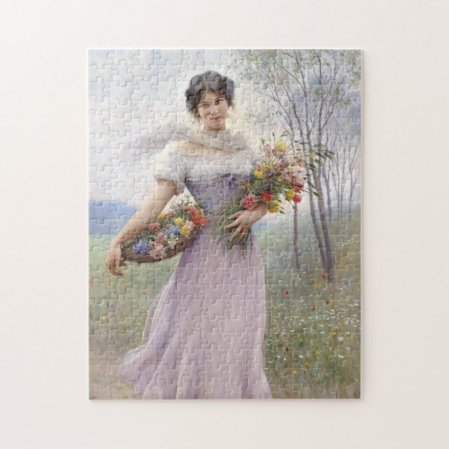 Puzzle Fille en Robe couleur Lilac avec un bouquet de fle (Vertical)