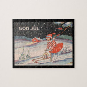 Puzzle Fille en traîneau, neige - Noël vintage
