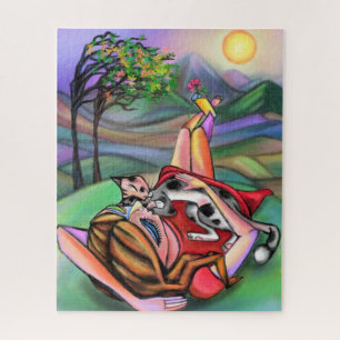 Puzzle Fille et chat dans la nature Art Style Peinture or