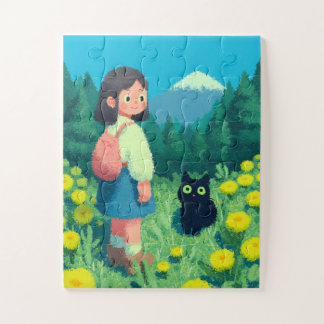 Puzzle Fille et chat noir dans un champ de fleurs
