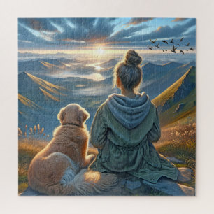 Puzzle Fille et Golden Retriever sur un sommet de montagn